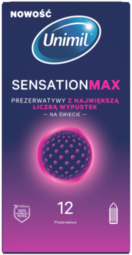 Unimil SensationMAX prezerwatywy z największą liczbą wypustek, granatowe opakowanie, widok z przodu.