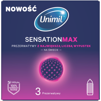 NOWOŚĆ Unimil Sensation Max prezerwatywy z wypustkami. Ciemnofioletowe opakowanie, różowa kula, 3 szt.