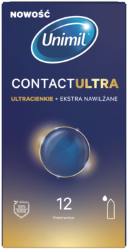 Granatowe opakowanie Unimil Contact Ultra ultracienkich, ekstra nawilżanych prezerwatyw, widok z przodu.