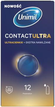 Granatowe opakowanie Unimil Contact Ultra ultracienkich, ekstra nawilżanych prezerwatyw, widok z przodu.