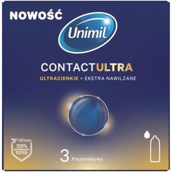 Granatowe opakowanie Unimil Contact Ultra ultracienkie prezerwatywy, 3 szt., ekstra nawilżane, widok z przodu.