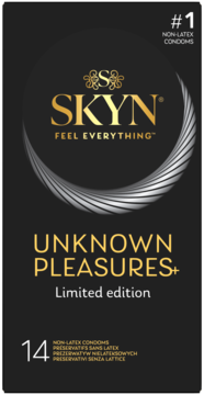 Czarne opakowanie SKYN Unknown Pleasures+ Limited Edition z napisem w kolorze złotym, 14 nielateksowych prezerwatyw.