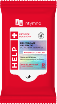 Pielęgnujące chusteczki AA intymna HELP w czerwonej paczce, z kwasem mlekowym, spłukiwalne, widok z przodu.