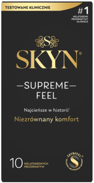 Czarne opakowanie prezerwatyw SKYN Supreme Feel, ze złotymi napisami, podkreślające ultracienkość i komfort.
