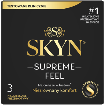 Czarne opakowanie SKYN Supreme Feel 3 nielateksowych prezerwatyw, z złotym logo i napisem Najcieńsze w historii.