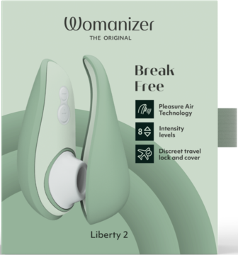 Womanizer Liberty 2, miętowo-zielony stymulator Pleasure Air, 8 poziomów, blokada podróżna, na zielonym tle.