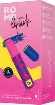 Stymulator łechtaczki ROMP Lipstick w różowo-niebieskim wzorze, bez nakładki, obok opakowania.
