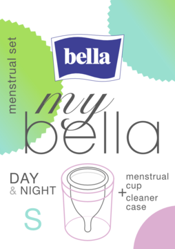 Opakowanie zestawu menstruacyjnego Bella My Bella S: kubeczek z etui, na białym tle z zielonymi i błękitnymi falami.