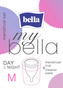 Opakowanie Bella My Bella: kubeczek menstruacyjny M, z etui, ilustracja produktu na biało-różowym tle.