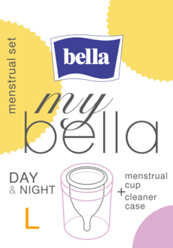 Opakowanie My Bella: kubeczek menstruacyjny L Day&Night z pojemnikiem. Zestaw na biało-żółtym tle.