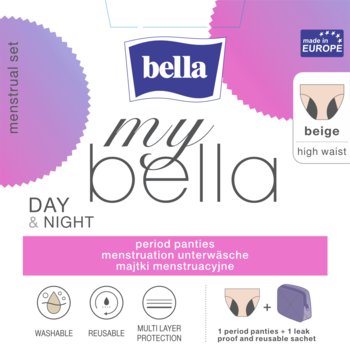Opakowanie zestawu menstruacyjnego Bella My Bella: beżowe majtki high waist i fioletowa saszetka.
