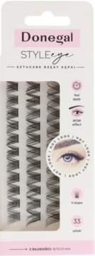 Donegal STYLEeye sztuczne rzęsy kępki V-shape, 33 sztuki w 3 długościach (9, 11, 13 mm), na białym opakowaniu.