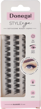 Donegal Eye Style kępki sztucznych rzęs V-shape, 33 sztuki, 10mm, w biało-różowym opakowaniu, widok z przodu.