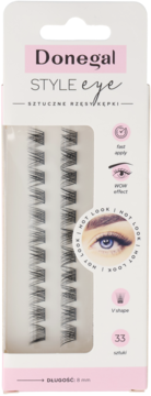 Donegal Eye Style, sztuczne rzęsy kępki V-shape 8mm, w różowo-białym opakowaniu z przezroczystym oknem.