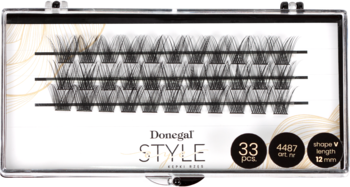 Donegal Eye Style, 33 kępki sztucznych rzęs V-kształtnych 12mm w przezroczystym etui, widok z góry.
