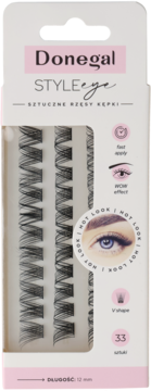 Rzęsy Donegal STYLEeye, 33 czarne kępki V-shape 12mm w biało-różowym opakowaniu, widok z przodu.