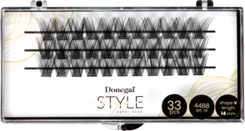 Kępki sztucznych rzęs Donegal Eye Style w przezroczystym pudełku, widok z góry, z etykietami 33 sztuk i 14 mm.