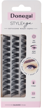 Biało-różowe opakowanie Donegal STYLEeye, 33 sztuki rzęs V-shape, długość 14mm, widok z przodu.
