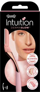 Wilkinson Intuition Dermaglow – różowo-złote narzędzie do domowego dermaplaningu w czarnym opakowaniu.