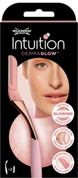 Wilkinson Intuition Dermaglow – różowo-złote narzędzie do domowego dermaplaningu w czarnym opakowaniu.