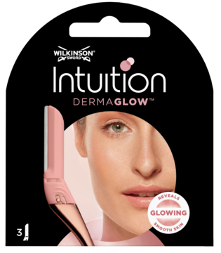 Front opakowania Wilkinson Sword Intuition DermaGlow z różową maszynką i twarzą, podkreśla 3 wymienne wkłady.