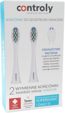 Białe opakowanie Controly z dwiema miękkimi końcówkami sonicznymi, widok z przodu, widać wskaźnik zużycia.