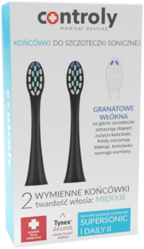 Controly: 2 czarne końcówki do szczoteczki sonicznej z miękkim włosiem, w opakowaniu ze wskaźnikiem zużycia.
