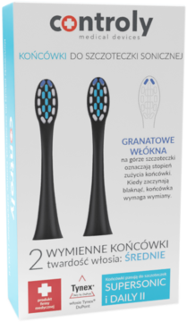 Opakowanie 2 końcówek Controly do szczoteczki sonicznej: czarne główki ze średnimi niebieskimi włóknami. Widok z przodu.
