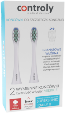 Białe opakowanie z dwoma miękkimi końcówkami Controly do szczoteczki sonicznej, ze wskaźnikiem zużycia włókien, widok z przodu.