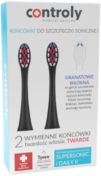 Widok z przodu opakowania z dwiema czarnymi końcówkami Controly do sonicznej szczoteczki, z twardym włosiem i granatowymi wskaźnikami zużycia.