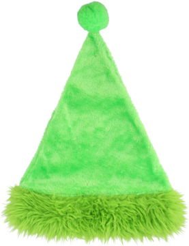 Jasnozielona czapka Mikołaja z puszystego futerka, z pomponem i szerokim, miękkim rondem, widok z przodu.