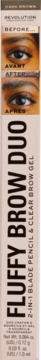 Opakowanie Revolution Fluffy Brow Duo, 2-w-1 kredka i żel do brwi, z efektami Przed/Po na zdjęciu.