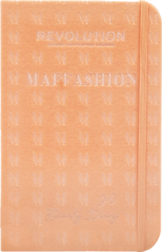 Paleta cieni Maffashion x Revolution My Beauty Diary 2.0, brzoskwiniowa, welurowa, z wytłoczonym 'M', jak notes.