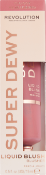 Jasnoróżowe opakowanie Revolution Superdewy Liquid Blush 15ml, You Got Me Blushing, z widoczną różową tubką.