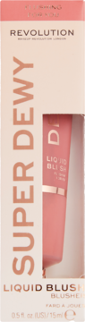 Revolution Superdewy Liquid Blush w odcieniu Flushing For You, peach-pink tubka widoczna w jasnoróżowym kartoniku.