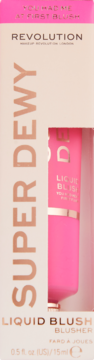 Revolution Superdewy Liquid Blush 'You Had Me at First Blush', pink tube in beige box with window, front view.