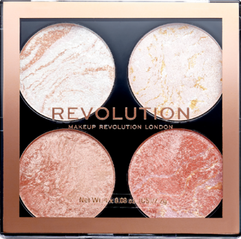 Paleta rozświetlaczy Revolution, 4 cienie: 2 jasne marmurkowe i 2 brzoskwiniowe, w rose gold opakowaniu, widok z góry.
