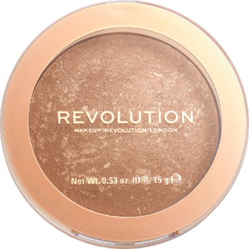 Okrągły, perłowy bronzer Revolution Reloaded Long Weekend w różowozłotym opakowaniu, widok z góry, odcień miedziany.