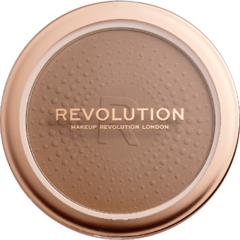 Matowy bronzer Revolution Mega Bronzer w okrągłym, miedzianym opakowaniu z widocznym logo.