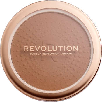 Revolution Mega Bronzer nr 02 Warm, matowy prasowany bronzer w okrągłej rose-gold puderniczce, widok z góry.