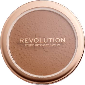 Revolution Mega Bronzer nr 02 Warm, matowy prasowany bronzer w okrągłej rose-gold puderniczce, widok z góry.