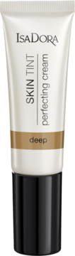 IsaDora Skin Tint Perfecting Cream deep w białej tubce z czarną nakrętką, widok z przodu.
