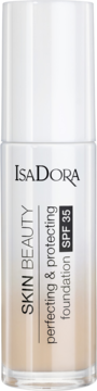 IsaDora Skin Beauty Perfecting & Protecting Foundation SPF 35, beżowa butelka z białym korkiem, widok z przodu.
