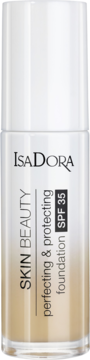 Biała butelka podkładu IsaDORA Skin Beauty Perfecting & Protecting SPF 35, z beżowym płynem i czarnymi napisami, widok z przodu.