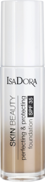 IsaDora Skin Beauty Perfecting & Protecting, beżowy podkład z SPF 35 w białej, przezroczystej butelce, widok z przodu.