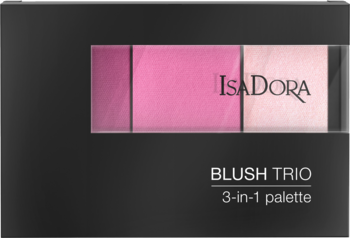 IsaDora Blush Trio, czarna paleta z trzema odcieniami fuksjowego różu. Widok z przodu, widoczne napisy.