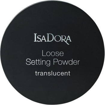 Zbliżenie na czarne, okrągłe opakowanie IsaDora Loose Setting Powder Translucent, z białym napisem.