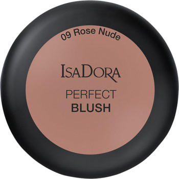 Okrągły pudrowy róż IsaDora Perfect Blush 09 Rose Nude w czarnym kompakcie, widok z góry.