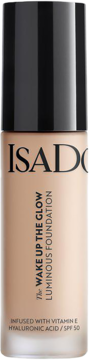 Podkład IsaDora Wake Up The Glow Luminous w szklanej butelce, z SPF 50 i witaminą E, widok z przodu.