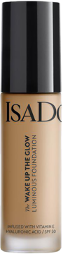 IsaDora Wake Up The Glow Luminous Foundation SPF 50 w beżowej butelce z czarnym korkiem, widok z przodu.